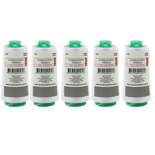 5 Pack White Overlocking Thread 2000m Polyester Birch Overlocker Cone Spool Sewing-0
