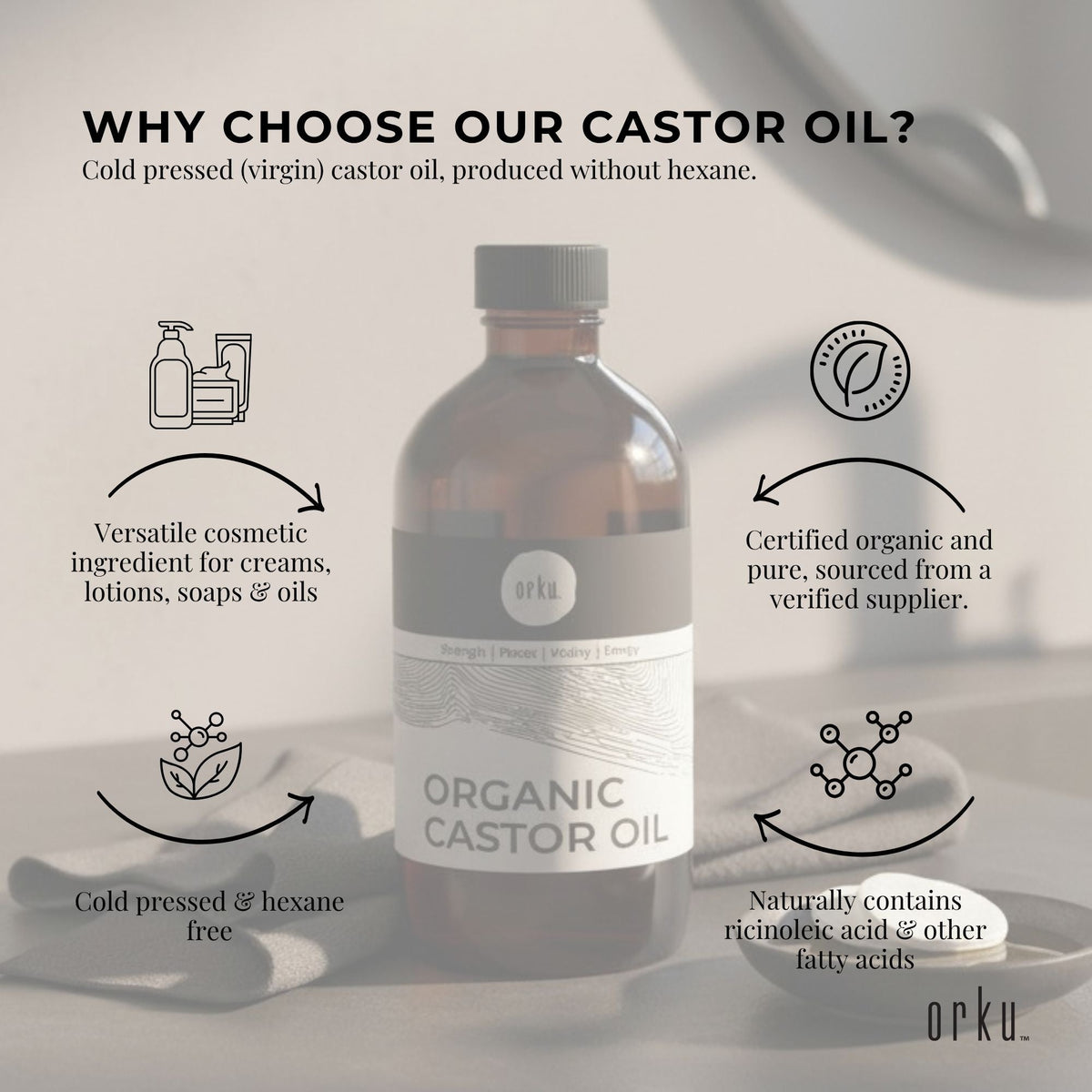 Orku 500ml Organic Castor Oil - Hexane Free Cold Pressed-4