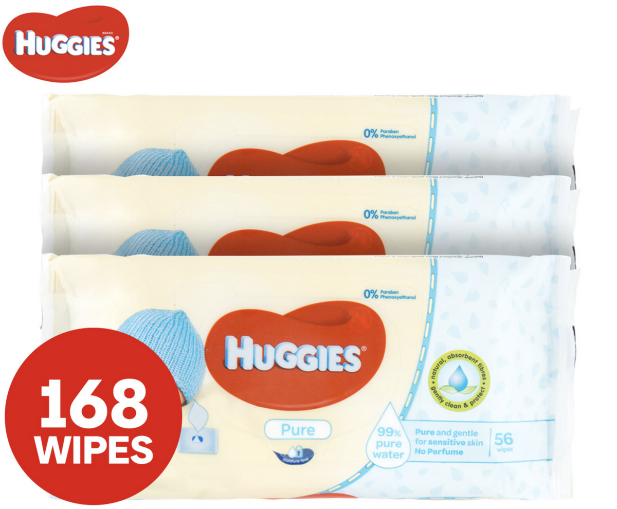 3x Huggies Pk56 Baby Wipes Pure Unscented Sticky Top (168 Wipes Total)