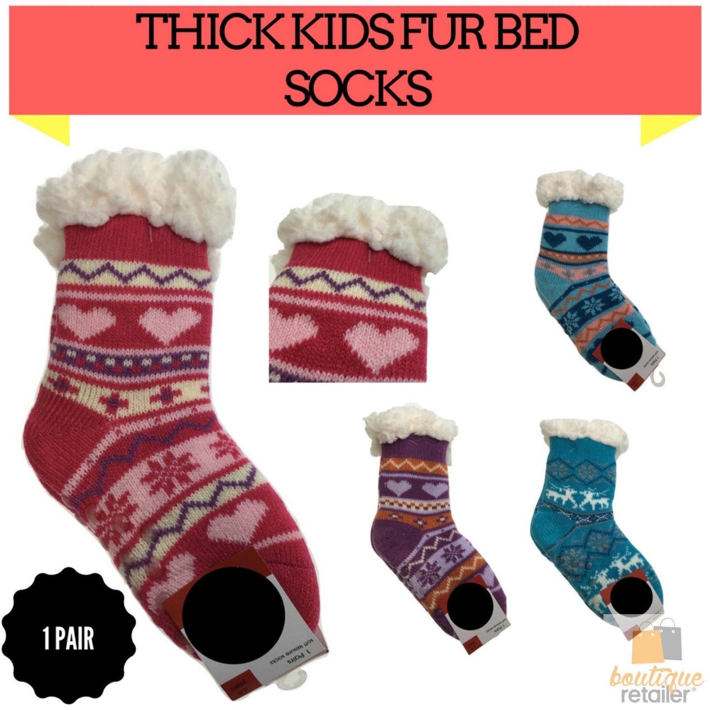 1 Pair KIDS Thick Fur Bed Socks Boys Girls Soft Work Fluffy Slippers Non Slip