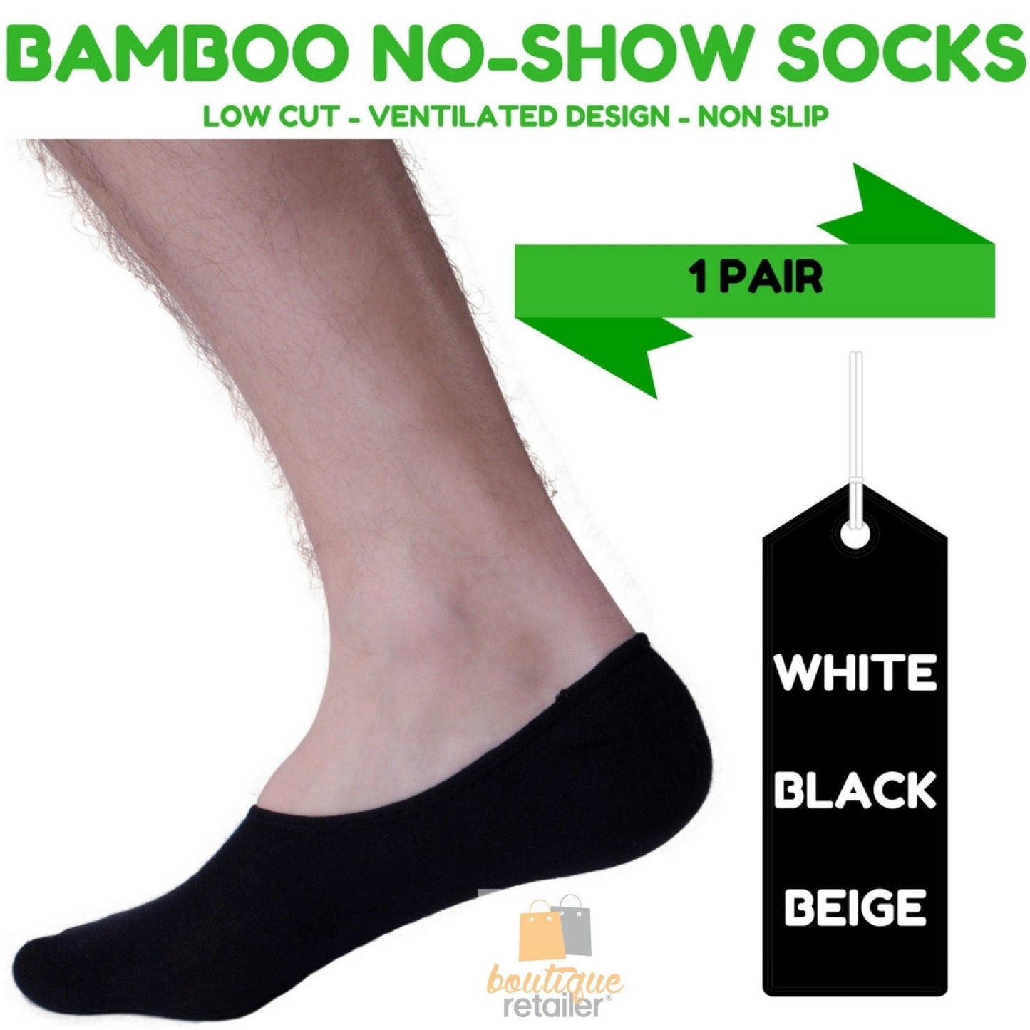 1 Pair NO SHOW BAMBOO SOCKS Non Slip Heel Grip Low Cut Invisible Footlet