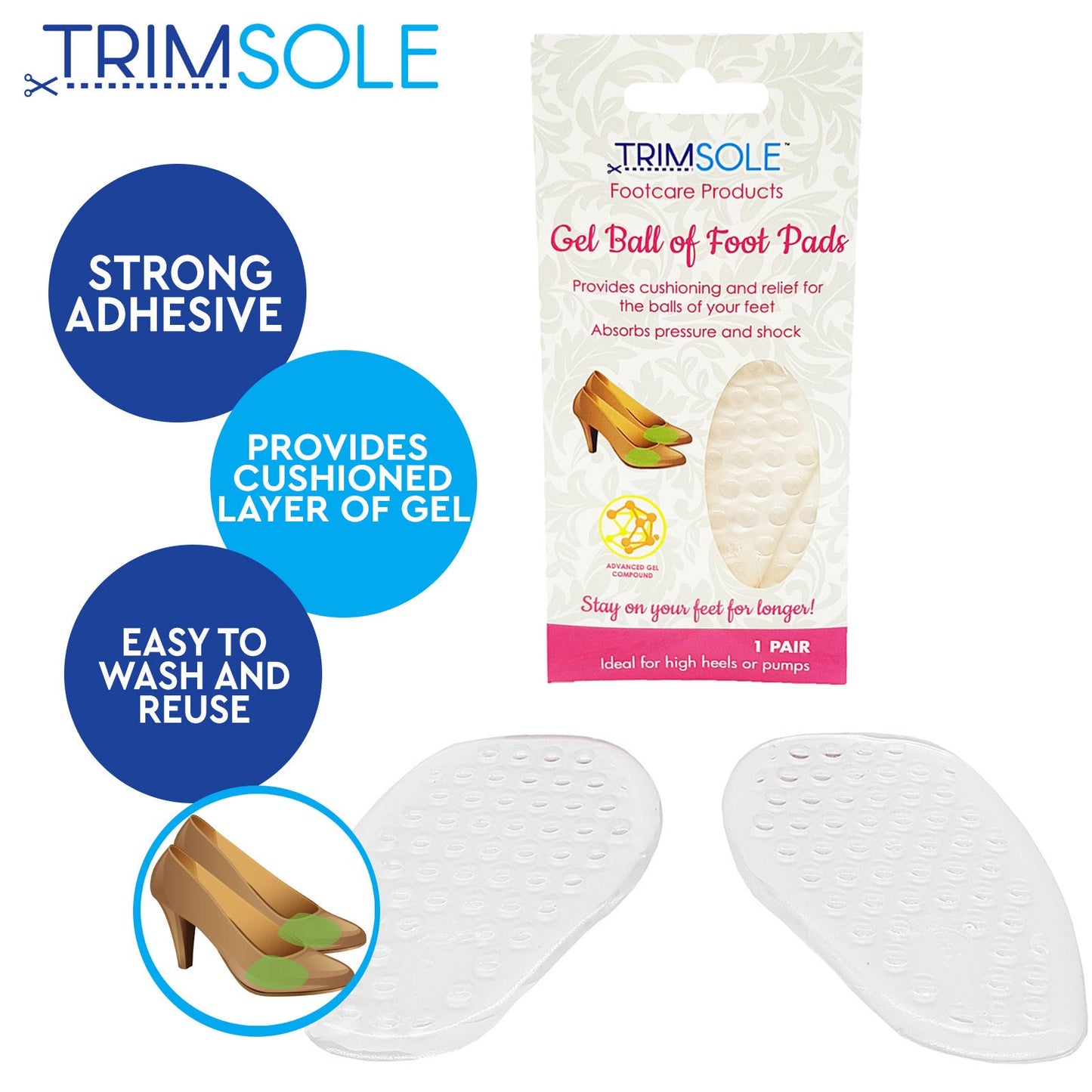 1 Pair TRIMSOLE Gel Ball of Foot Pads Cushion Feet Insoles for High Heels Heeled Sandals