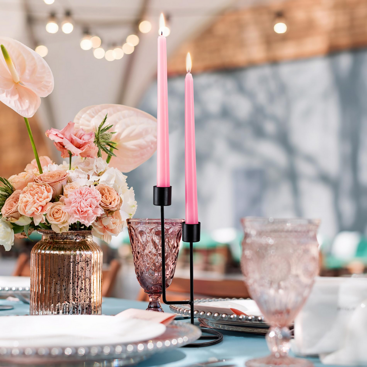 48x Tapered Dinner Candles Unscented Taper Wedding Candle 25cm in Pink