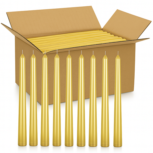 144x Tapered Dinner Candles Unscented Taper Wedding Candle 25cm in Metallic Gold