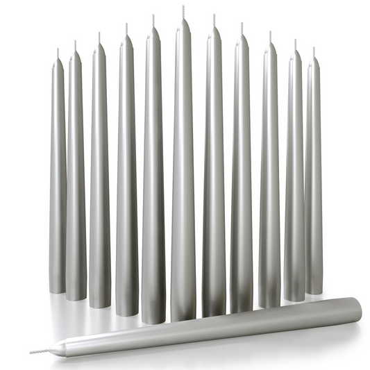 144x Tapered Dinner Candles Unscented Taper Wedding Candle 25cm in Metallic Silver