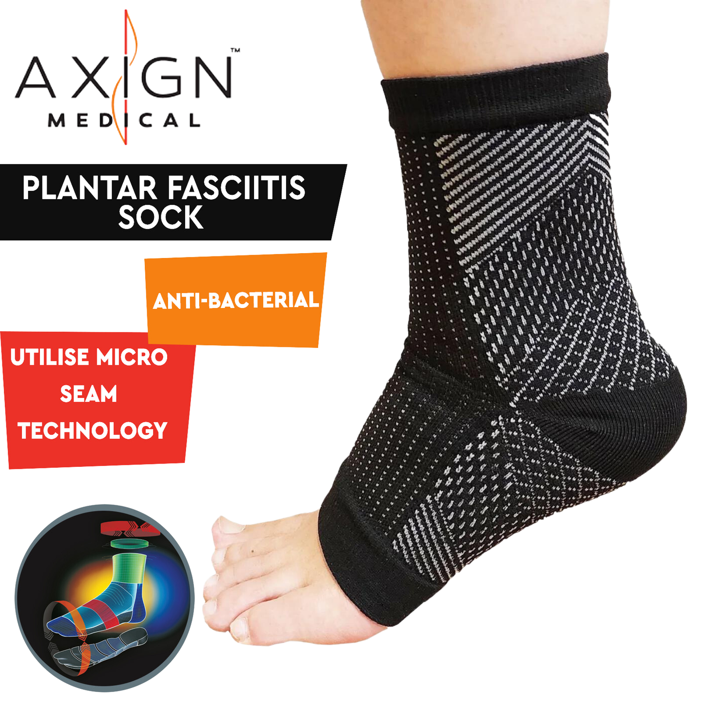 1 Pair AXIGN Medical Plantar Fasciitis Compression Sock Ankle Sleeve Support - B