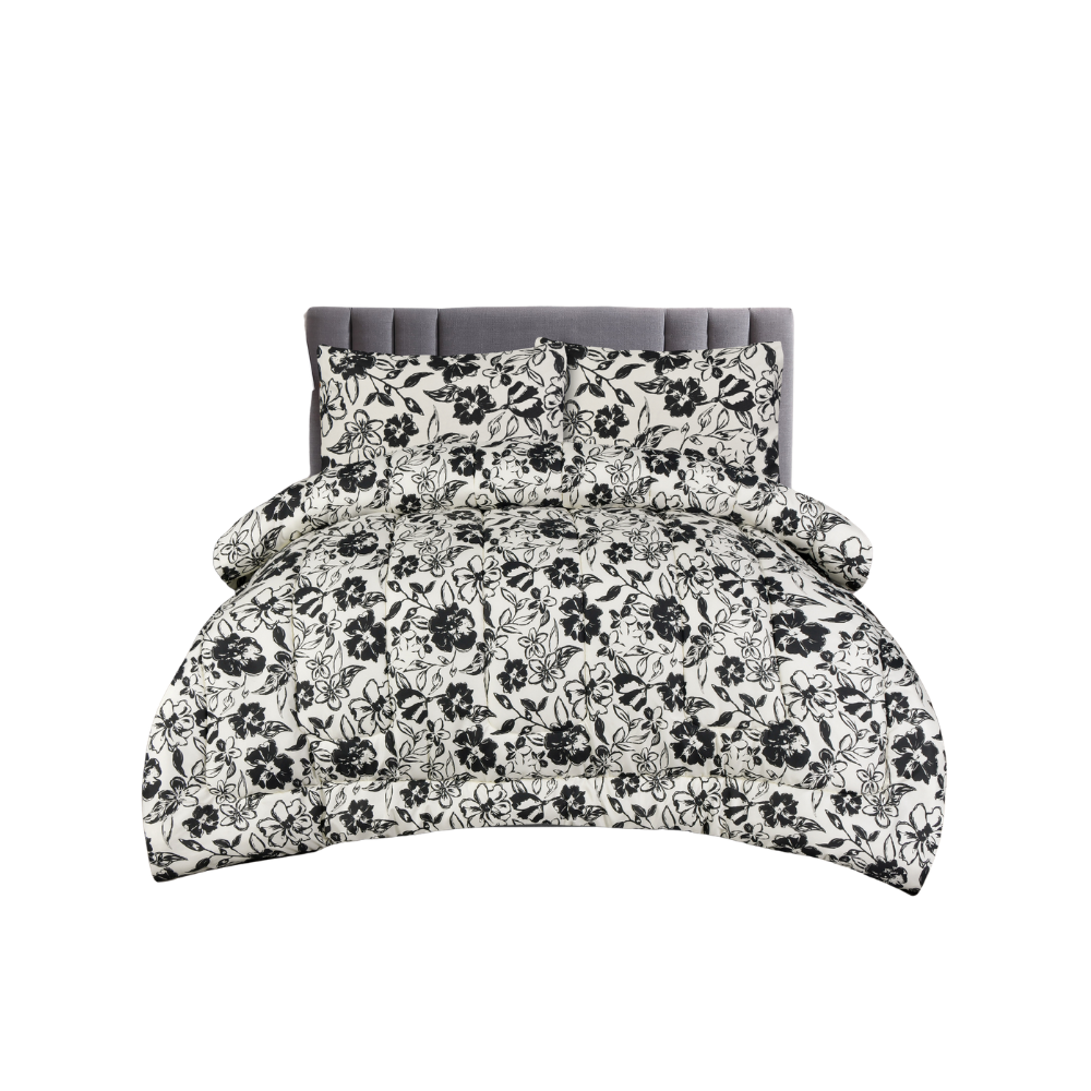 King Comforter Full Set w/ Fitted Sheet, 4 Pillow Covers & Comforter - Flowers Black/White (6 Piece Set)