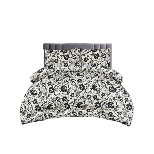 King Comforter Full Set w/ Fitted Sheet, 4 Pillow Covers & Comforter - Flowers Black/White (6 Piece Set)
