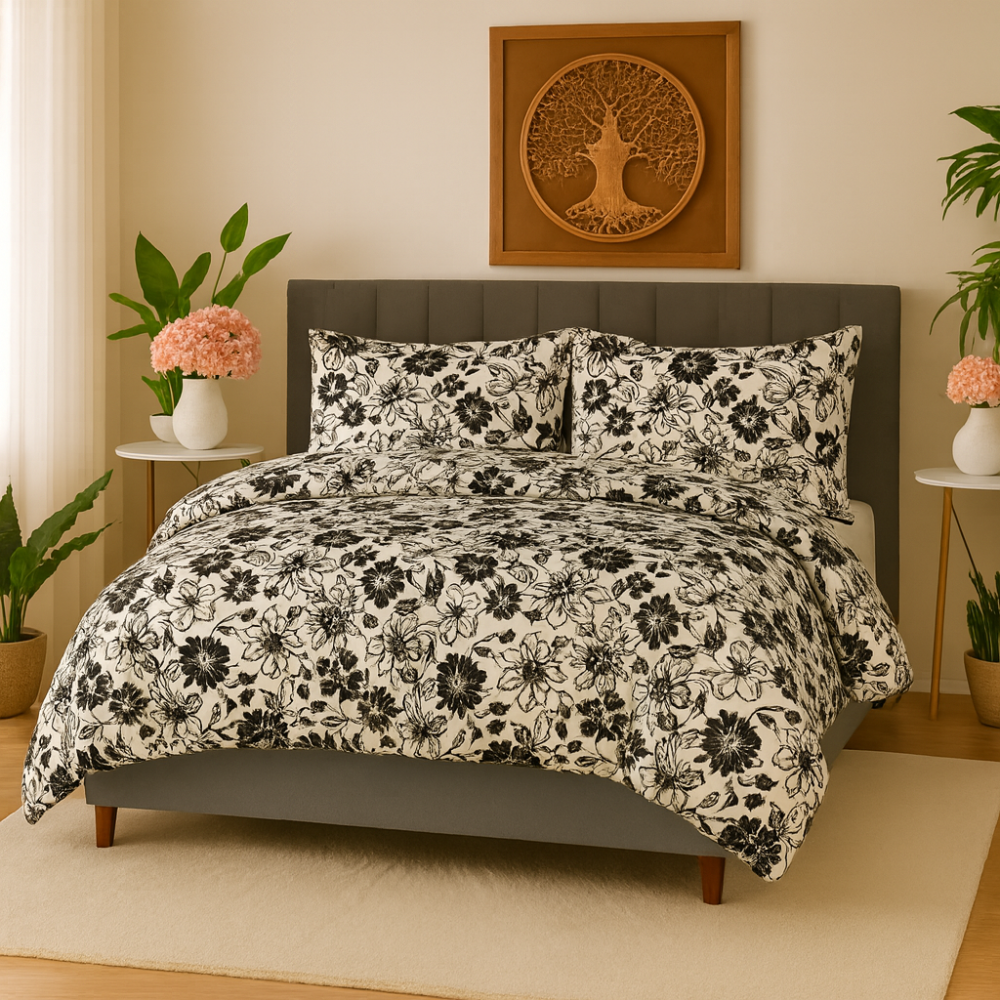 King Comforter Full Set w/ Fitted Sheet, 4 Pillow Covers & Comforter - Flowers Black/White (6 Piece Set)