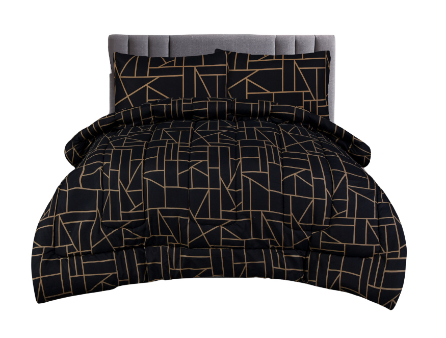 King Comforter Full Set w/ Fitted Sheet, 4 Pillow Covers & Comforter - Geometric Black (6 Piece Set)