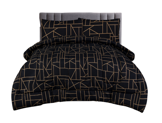 King Comforter Full Set w/ Fitted Sheet, 4 Pillow Covers & Comforter - Geometric Black (6 Piece Set)