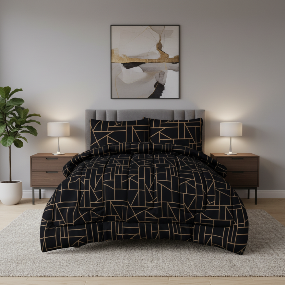 King Comforter Full Set w/ Fitted Sheet, 4 Pillow Covers & Comforter - Geometric Black (6 Piece Set)
