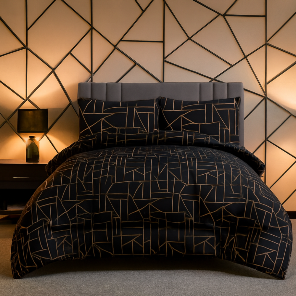 King Comforter Full Set w/ Fitted Sheet, 4 Pillow Covers & Comforter - Geometric Black (6 Piece Set)