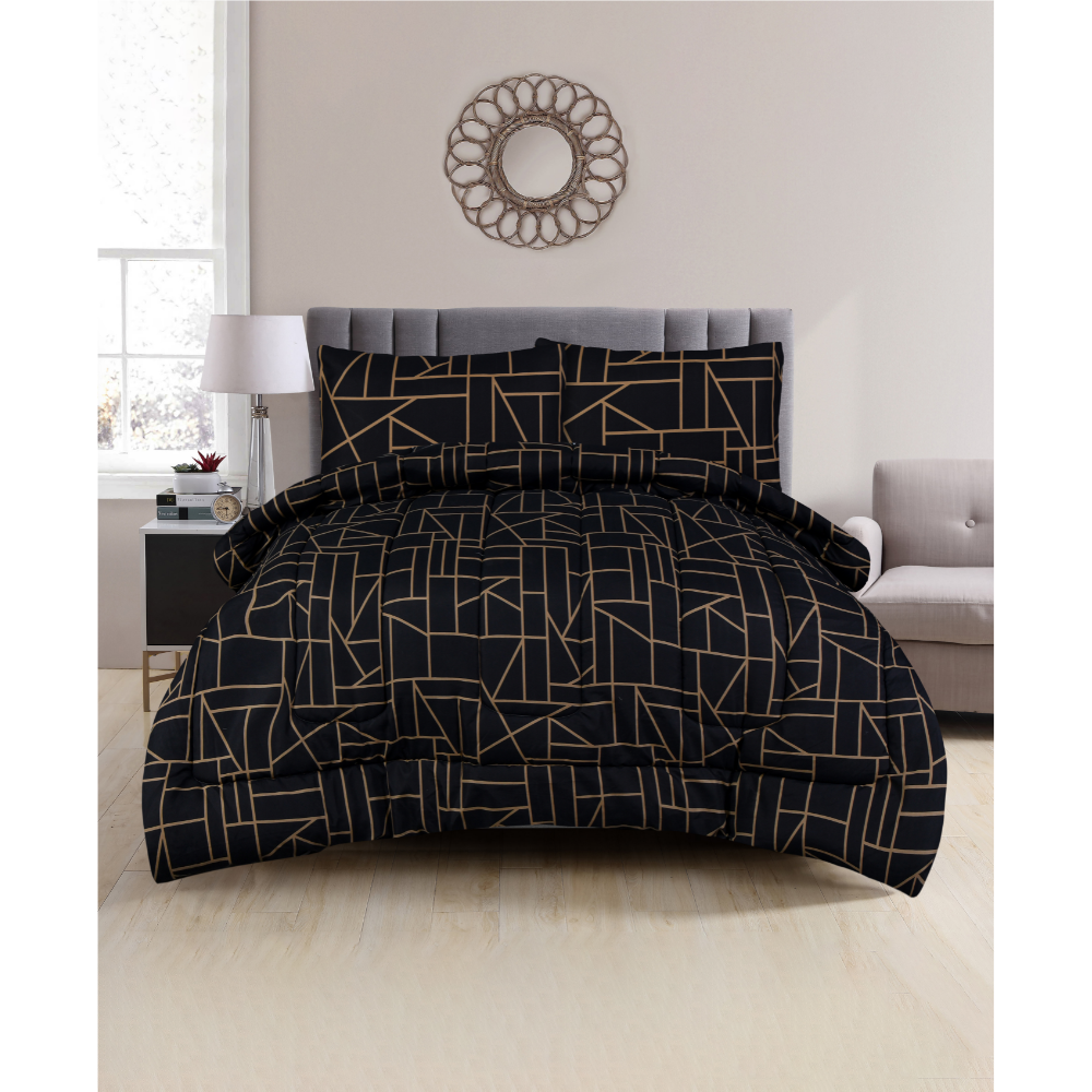 King Comforter Full Set w/ Fitted Sheet, 4 Pillow Covers & Comforter - Geometric Black (6 Piece Set)