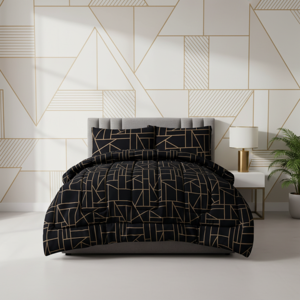 King Comforter Full Set w/ Fitted Sheet, 4 Pillow Covers & Comforter - Geometric Black (6 Piece Set)