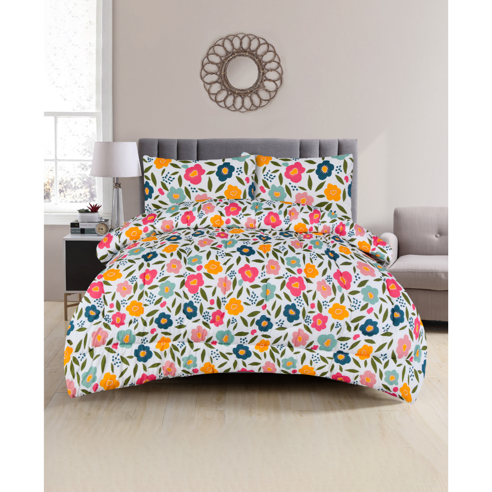 Queen Comforter Full Set w/ Fitted Sheet, 4 Pillow Covers & Comforter - Flowers (6 Piece Set)