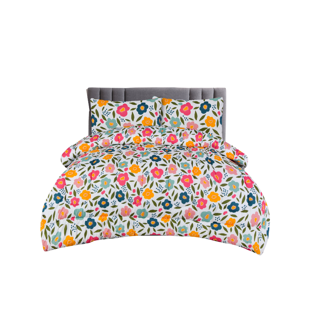 Queen Comforter Full Set w/ Fitted Sheet, 4 Pillow Covers & Comforter - Flowers (6 Piece Set)