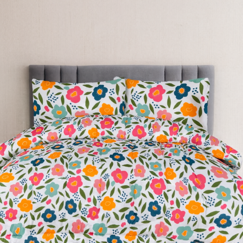 Queen Comforter Full Set w/ Fitted Sheet, 4 Pillow Covers & Comforter - Flowers (6 Piece Set)