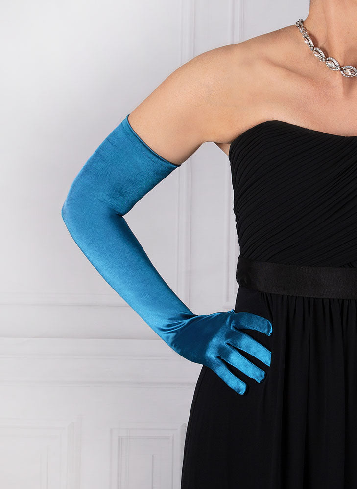 Dents Womens Long Opera Satin Gloves in Teal