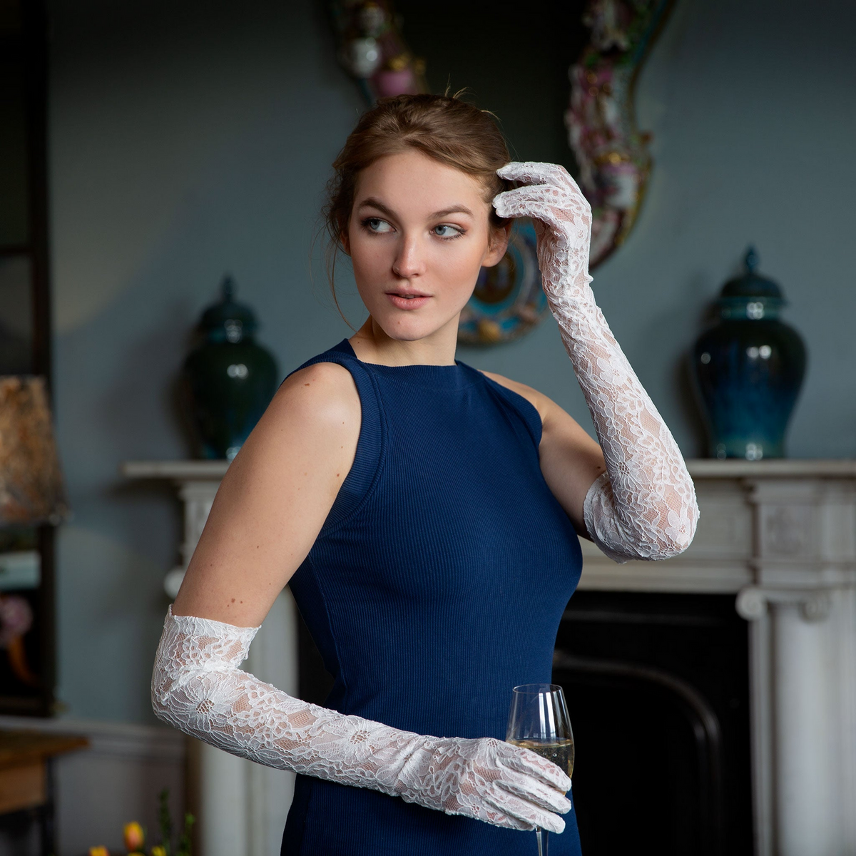 Dents Womens Long Opera Lace Gloves in Ivory