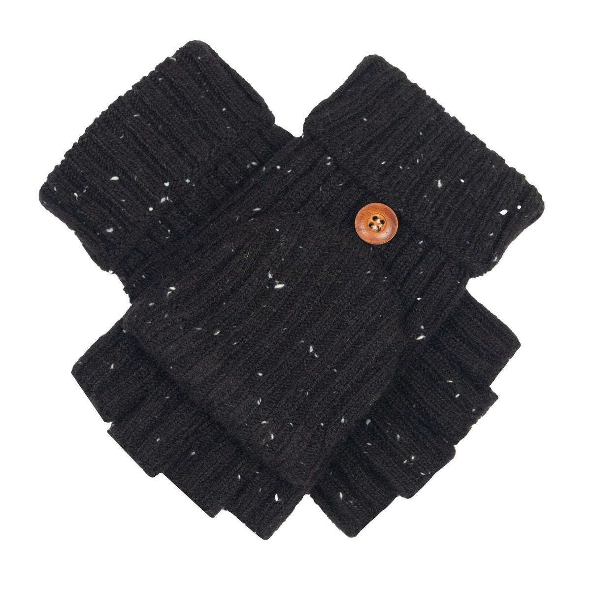 Dents Womens Ribbed Knit Wool Blend Fingerless Gloves with Marl Yarn and Mitten Flap in Black