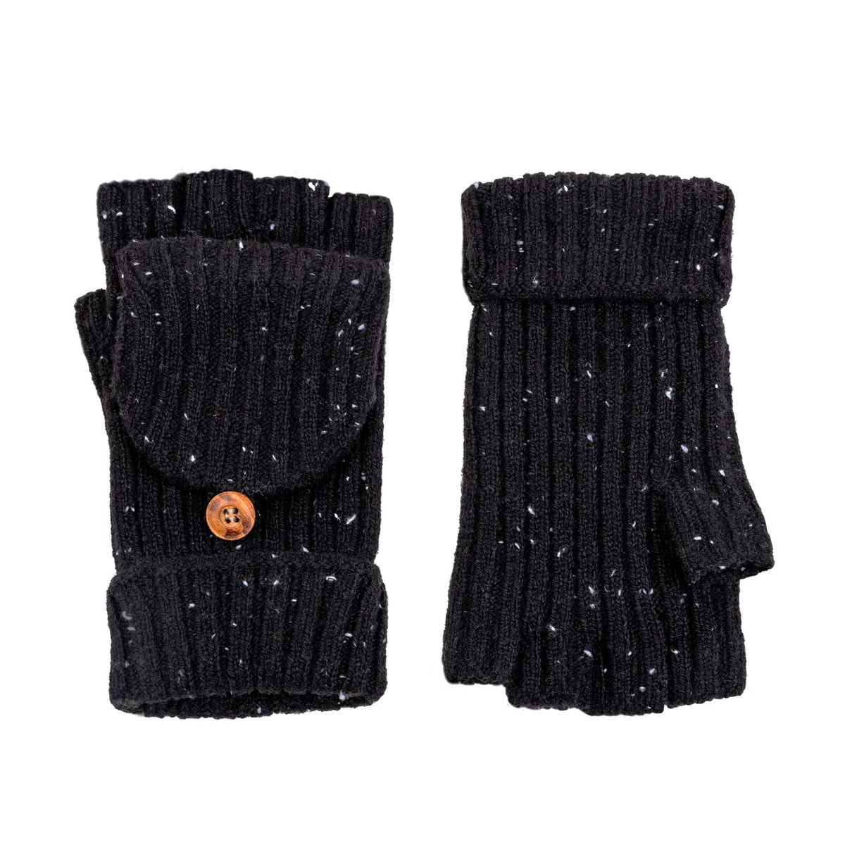 Dents Womens Ribbed Knit Wool Blend Fingerless Gloves with Marl Yarn and Mitten Flap in Black