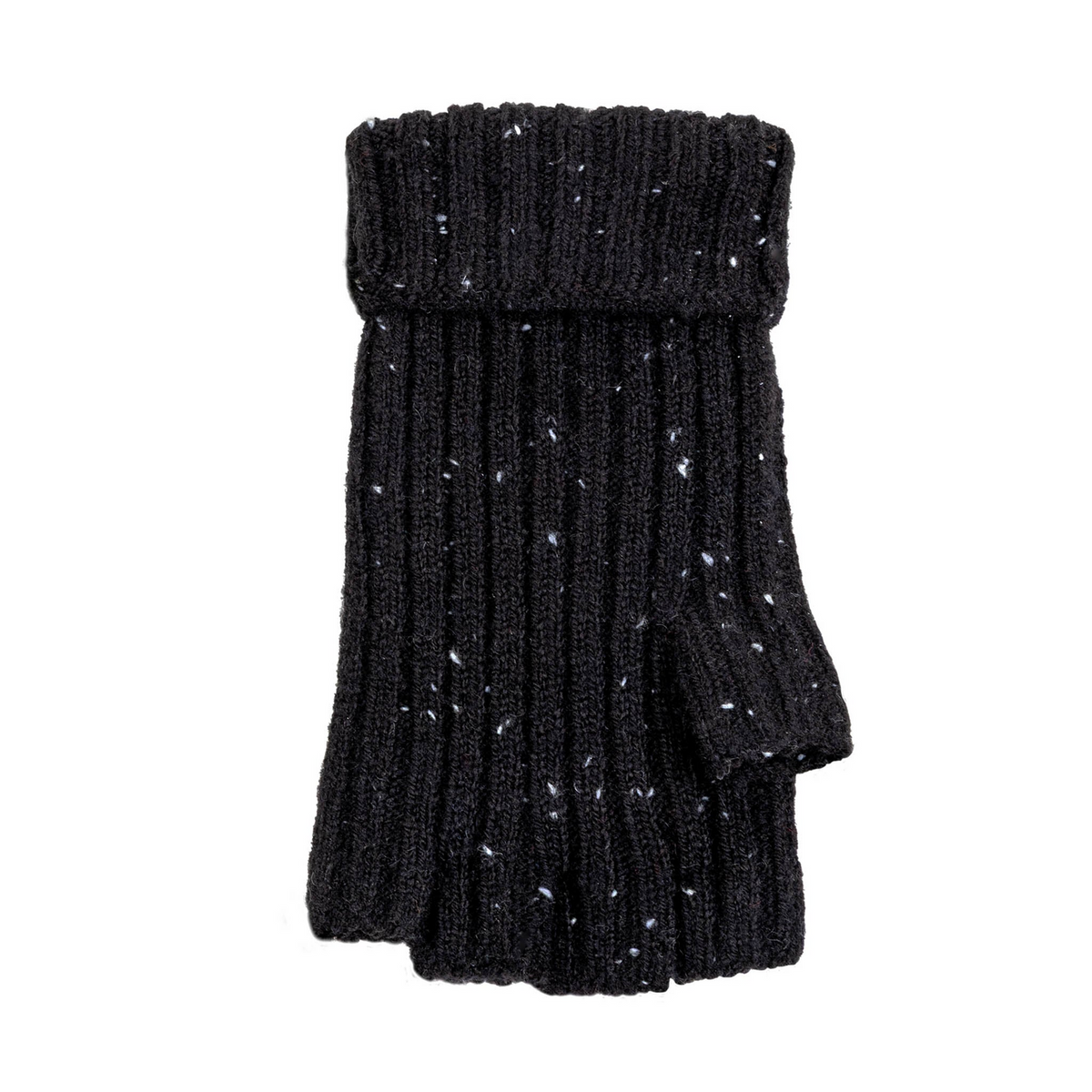 Dents Womens Ribbed Knit Wool Blend Fingerless Gloves with Marl Yarn and Mitten Flap in Black