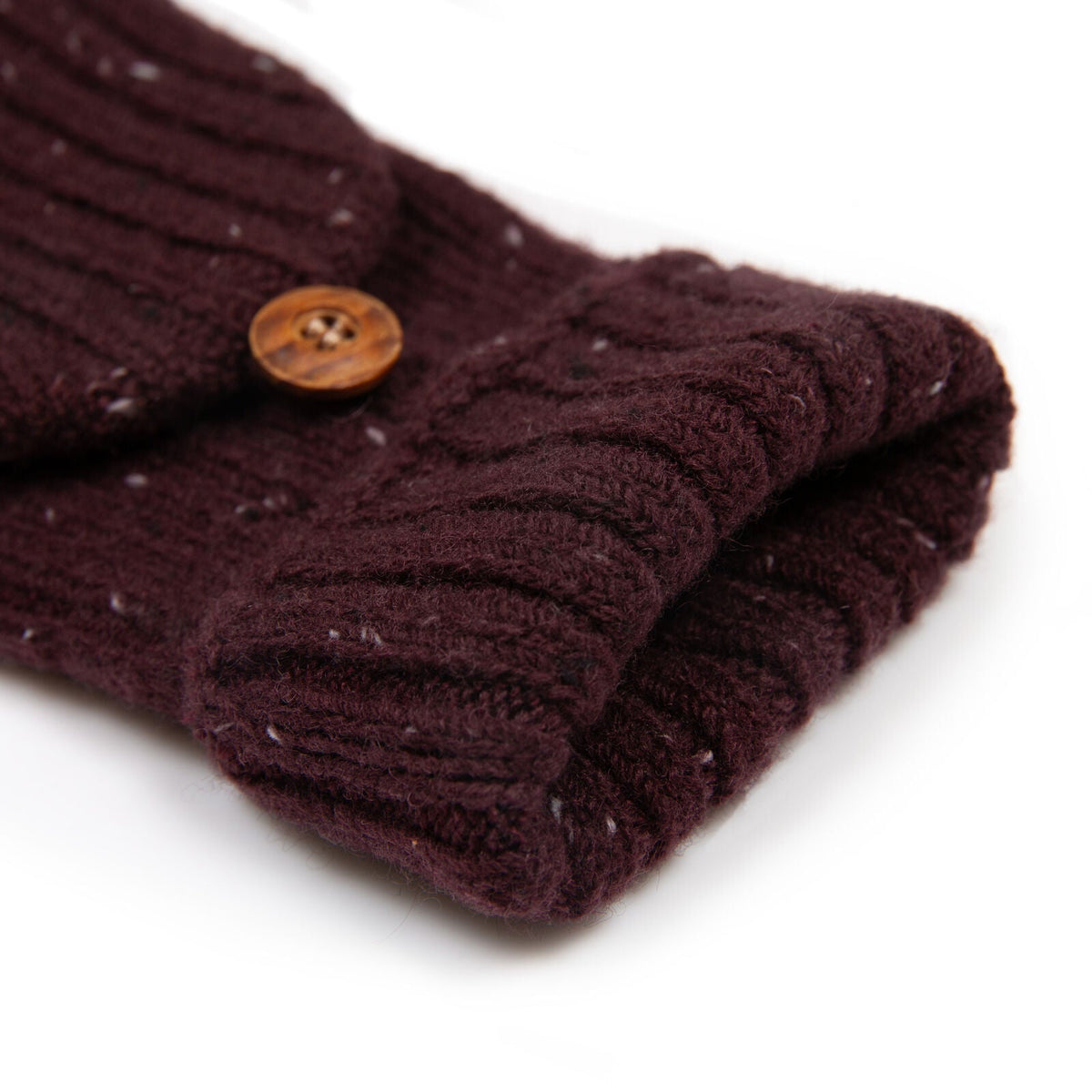 Dents Womens Ribbed Knit Wool Blend Fingerless Gloves with Marl Yarn and Mitten Flap in Burgundy