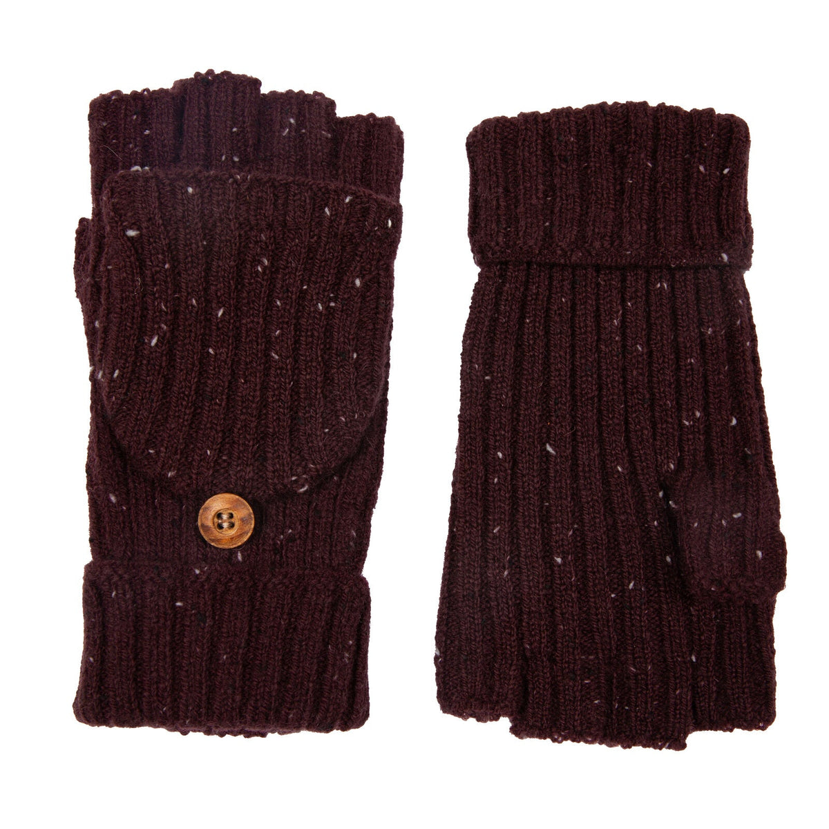 Dents Womens Ribbed Knit Wool Blend Fingerless Gloves with Marl Yarn and Mitten Flap in Burgundy