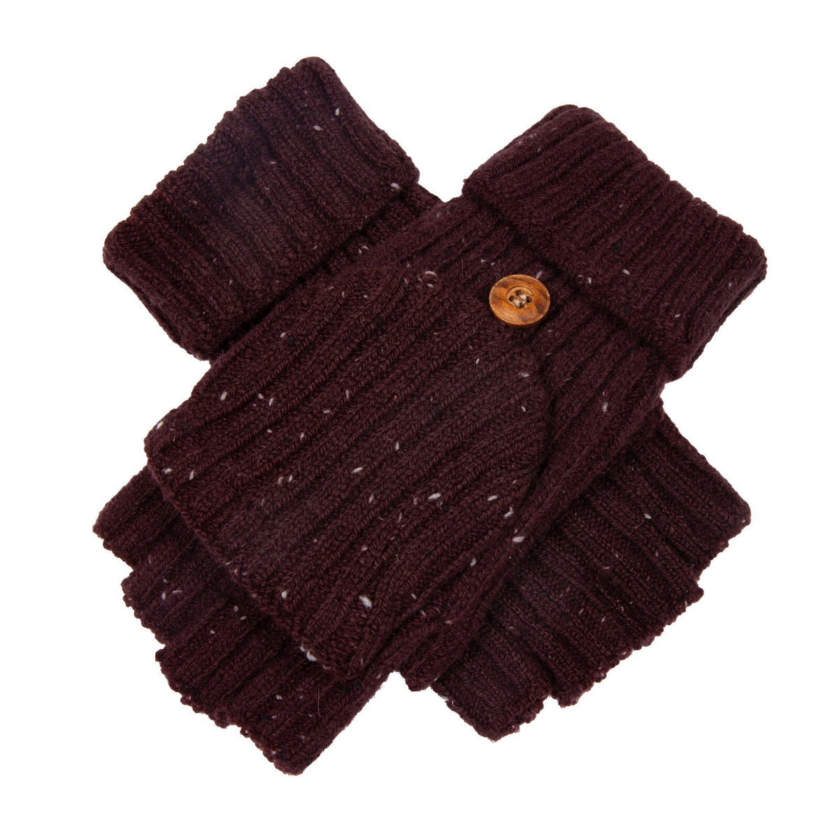 Dents Womens Ribbed Knit Wool Blend Fingerless Gloves with Marl Yarn and Mitten Flap in Burgundy