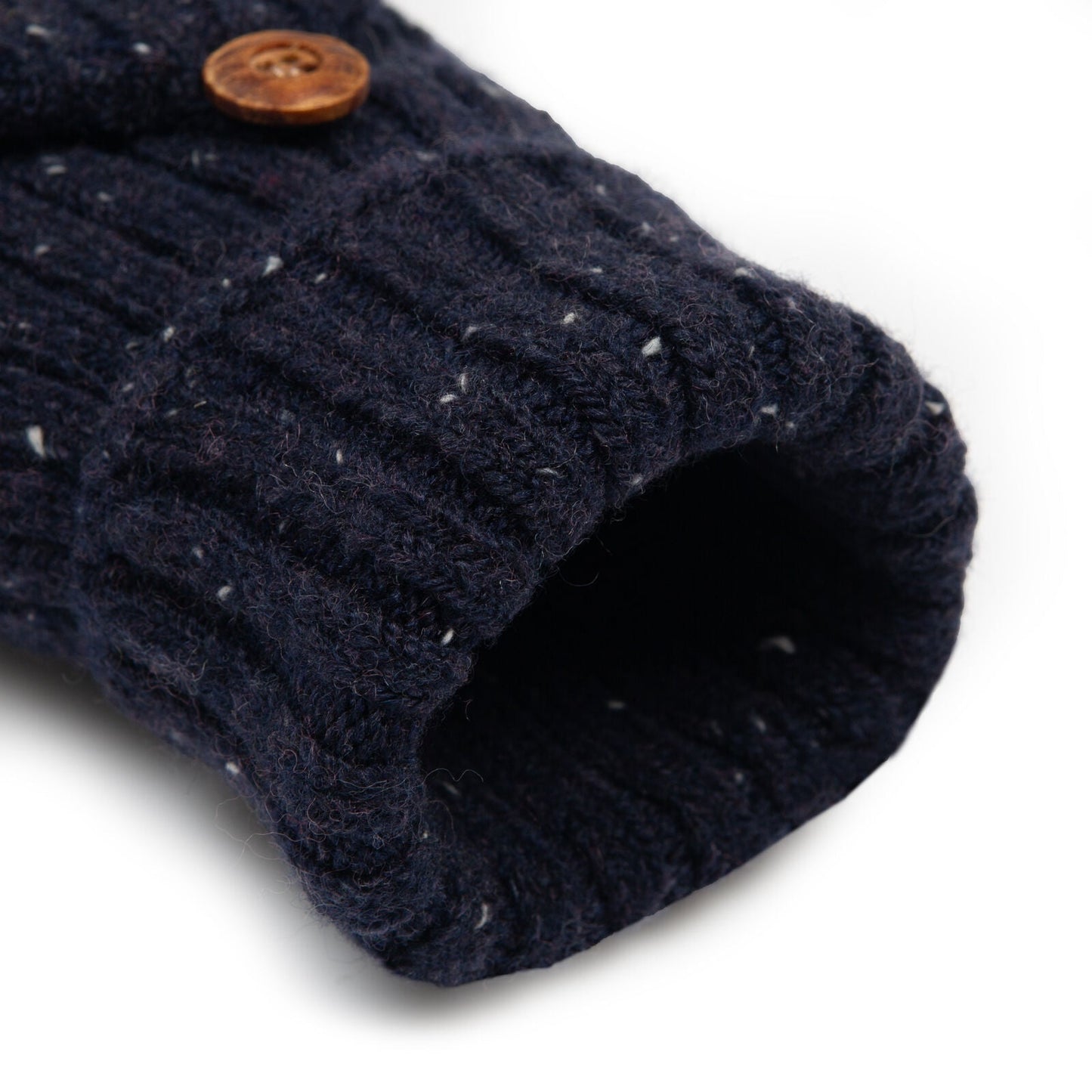 Dents Womens Ribbed Knit Wool Blend Fingerless Gloves with Marl Yarn and Mitten Flap in Navy