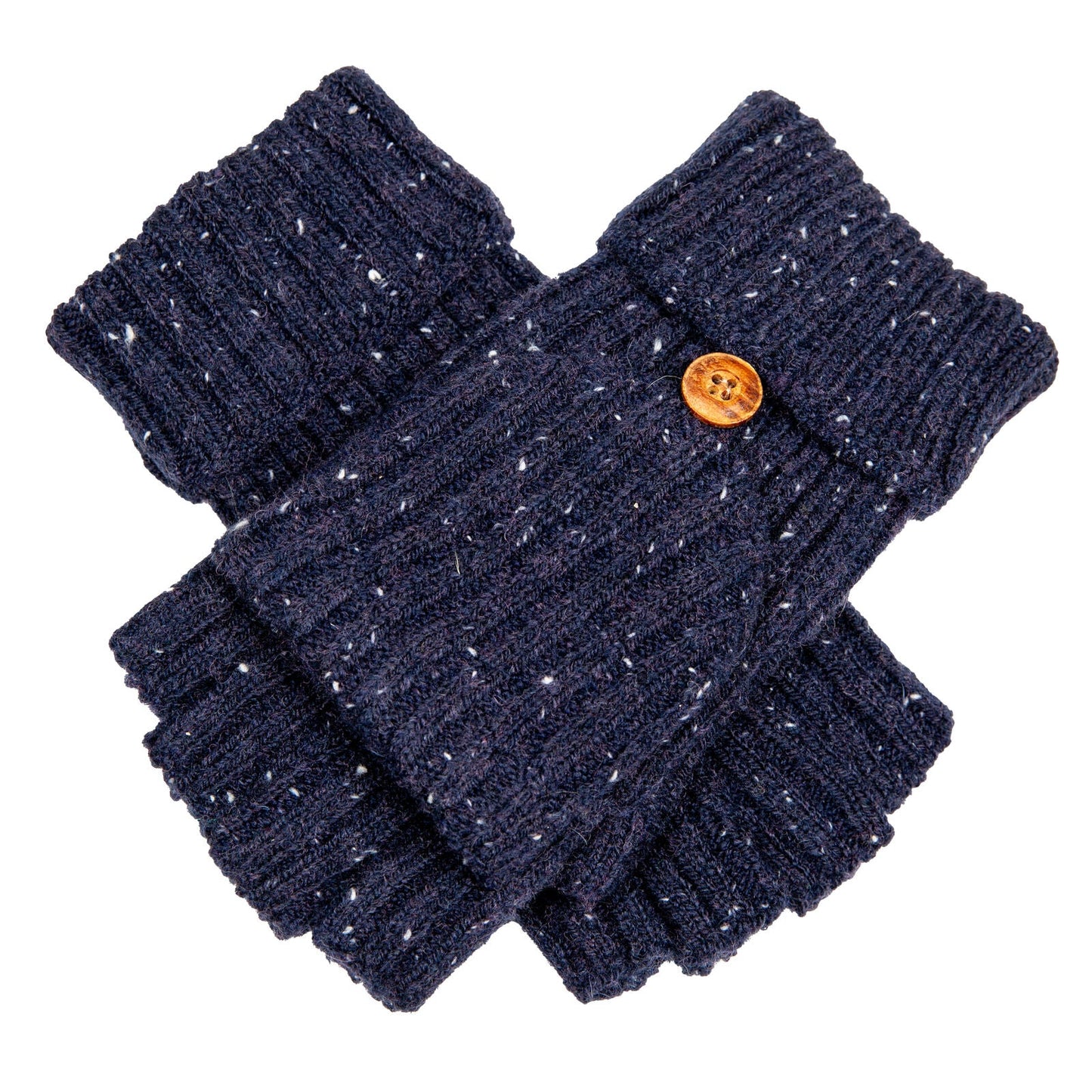 Dents Womens Ribbed Knit Wool Blend Fingerless Gloves with Marl Yarn and Mitten Flap in Navy