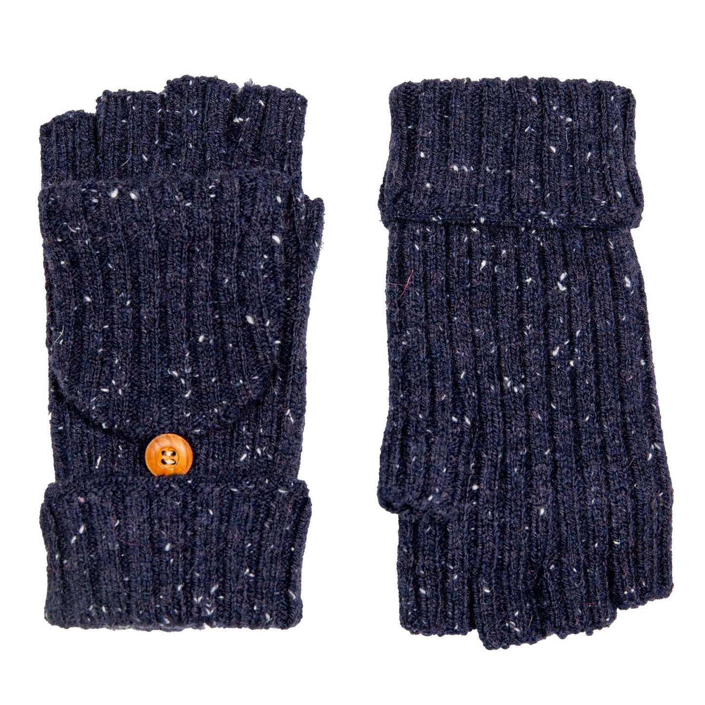 Dents Womens Ribbed Knit Wool Blend Fingerless Gloves with Marl Yarn and Mitten Flap in Navy