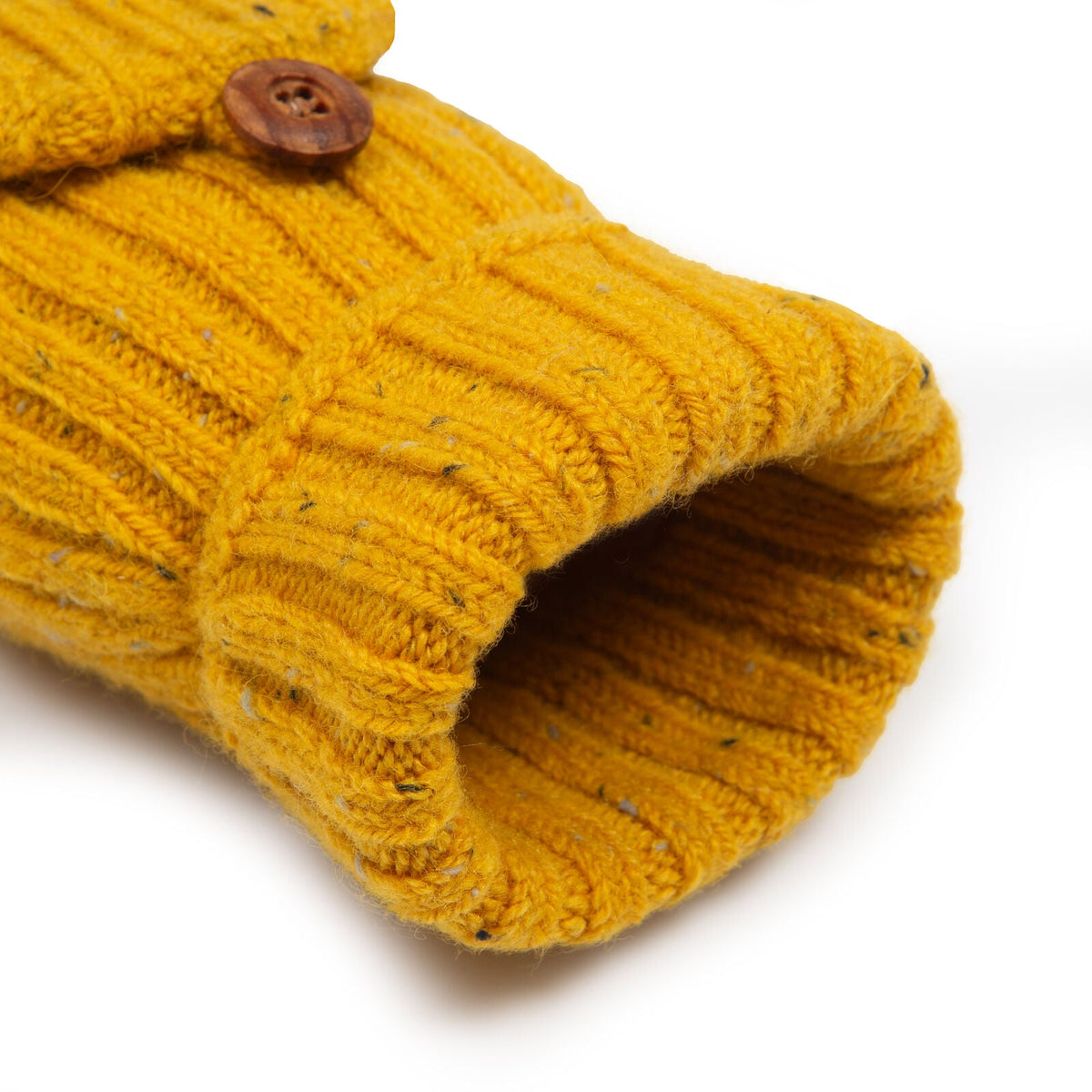 Dents Womens Ribbed Knit Wool Blend Fingerless Gloves with Marl Yarn and Mitten Flap in Ochre