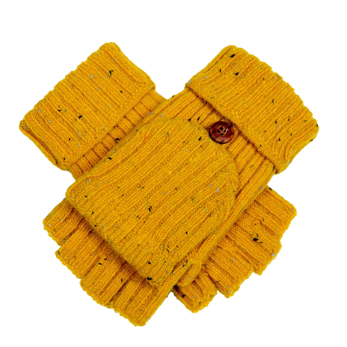 Dents Womens Ribbed Knit Wool Blend Fingerless Gloves with Marl Yarn and Mitten Flap in Ochre