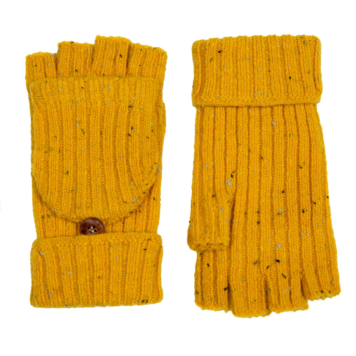 Dents Womens Ribbed Knit Wool Blend Fingerless Gloves with Marl Yarn and Mitten Flap in Ochre