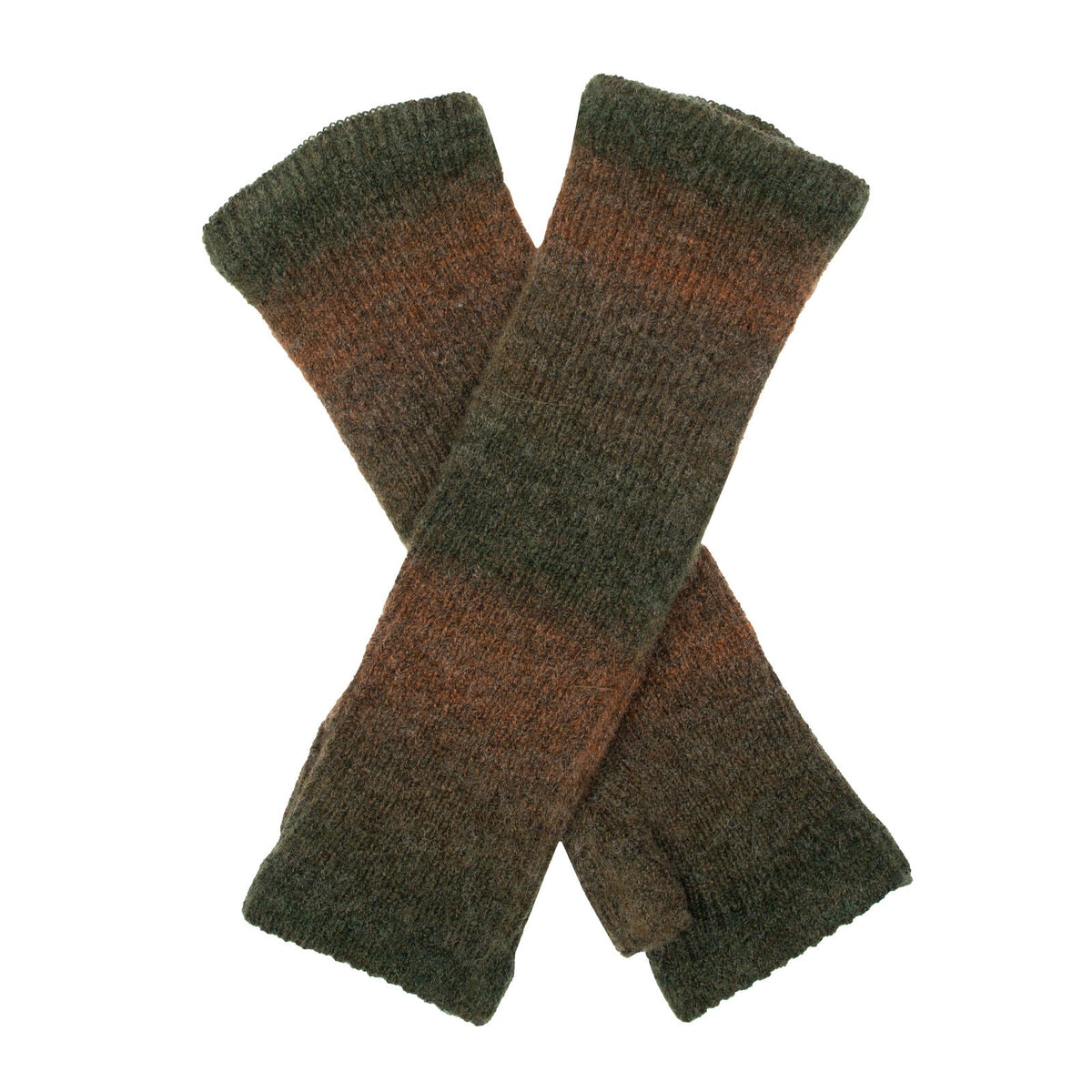 Dents Women's Long Below-Elbow Ribbed Wool Knit Wrist Warmers w/ Ombre Pattern in Moss