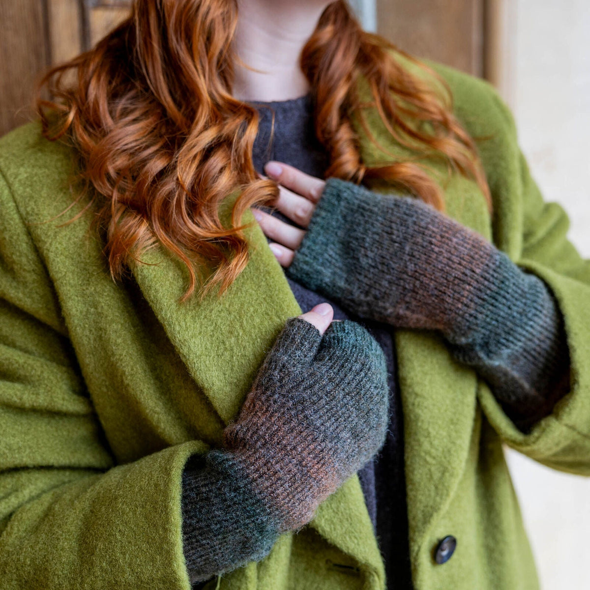 Dents Women's Long Below-Elbow Ribbed Wool Knit Wrist Warmers w/ Ombre Pattern in Moss