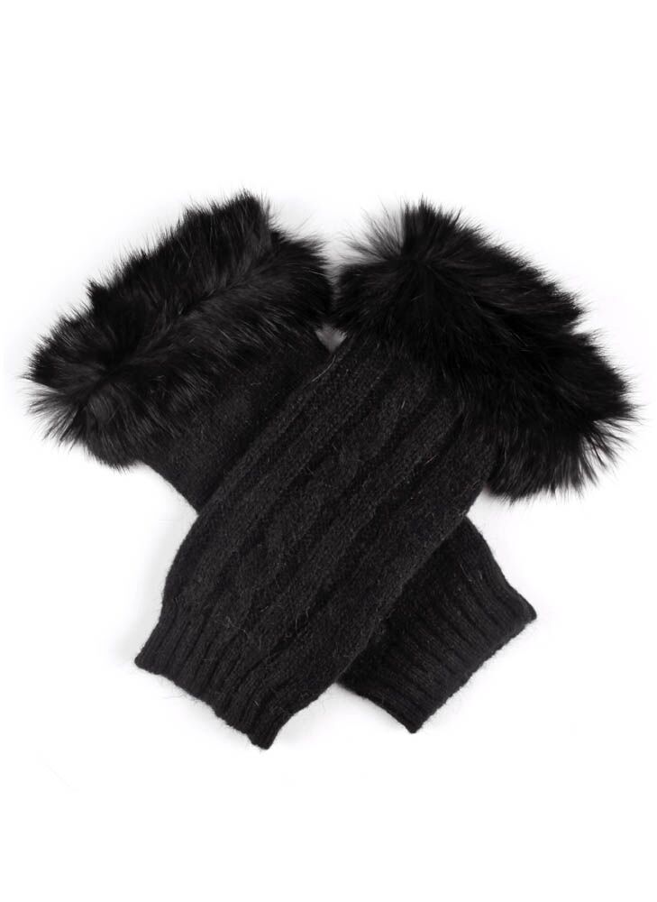 Dents Womens Wrist Warmers Lambswool Angora Cable Knit Fur Cuff Gloves - Black