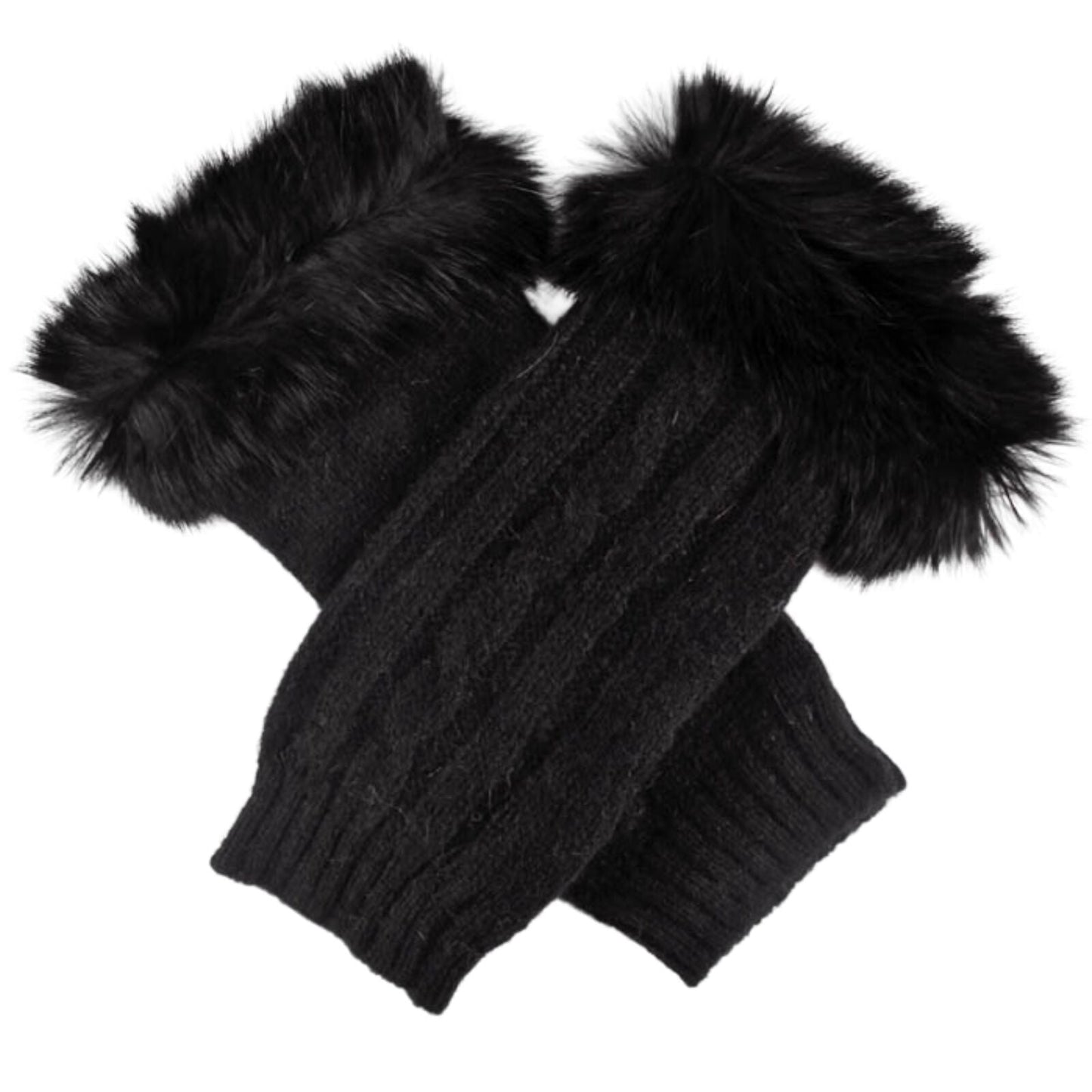 Dents Womens Wrist Warmers Lambswool Angora Cable Knit Fur Cuff Gloves - Black