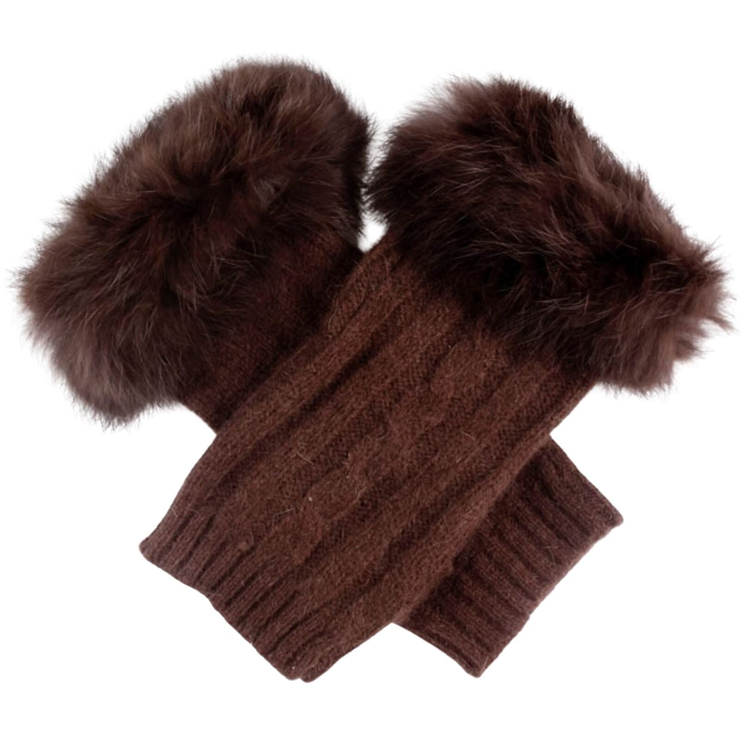 Dents Womens Wrist Warmers Lambswool Angora Cable Knit Fur Cuff - Chocolate