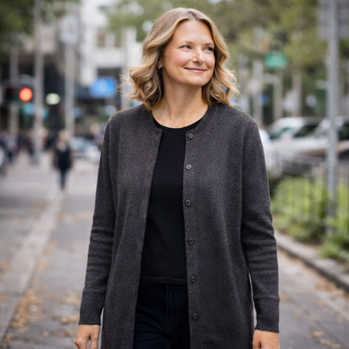 Luxury Cashmere Wool Button Cardigan (Longline) in Charcoal