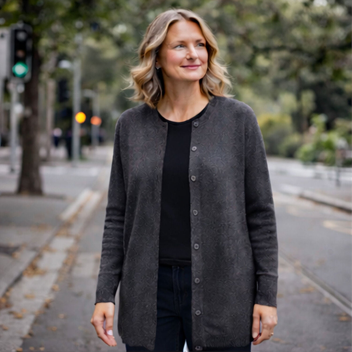 Luxury Cashmere Wool Button Cardigan (Longline) in Charcoal