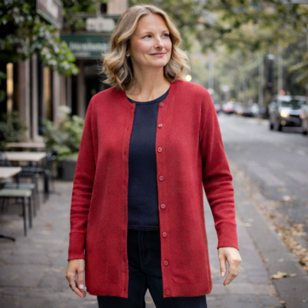 Luxury Cashmere Wool Button Cardigan (Longline) in Red