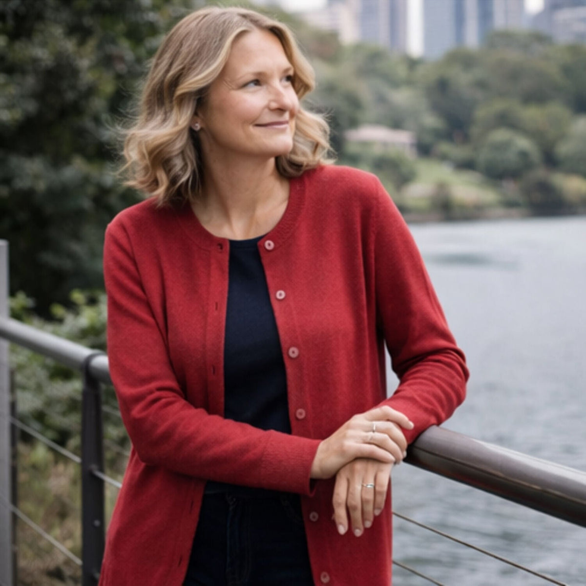 Luxury Cashmere Wool Button Cardigan (Longline) in Red