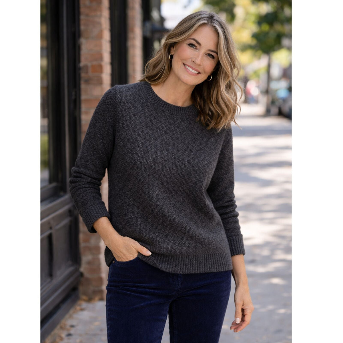 Luxury Cashmere Wool Horizontal Rib Pullover Jumper (Textured Knit) in Charcoal