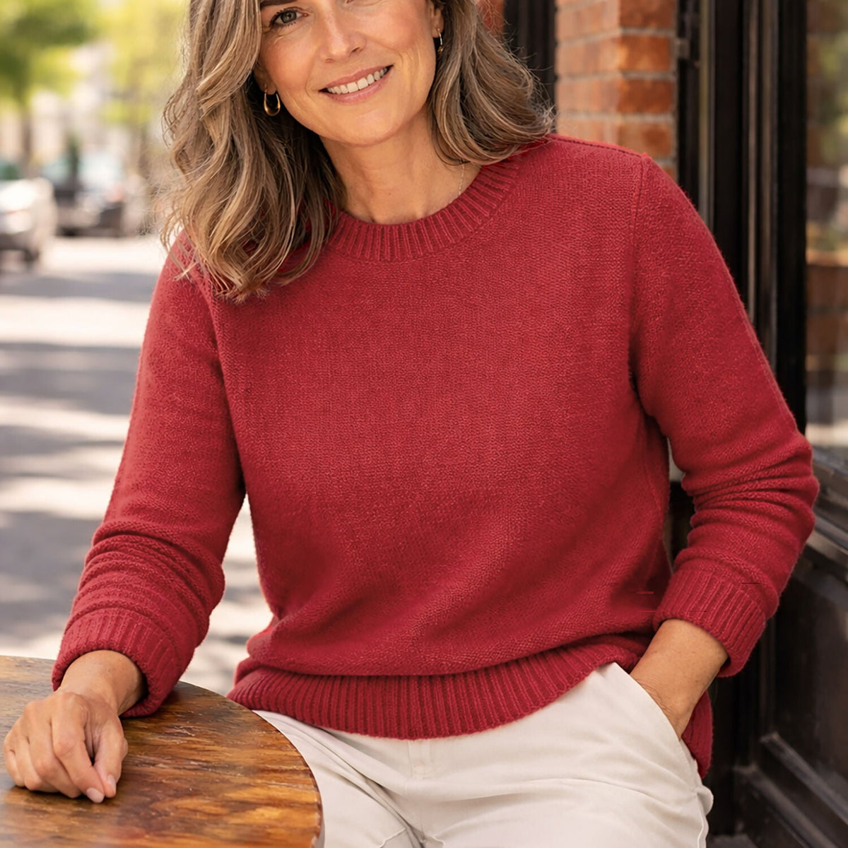 Luxury Cashmere Wool Horizontal Rib Pullover Jumper (Textured Knit) in Red