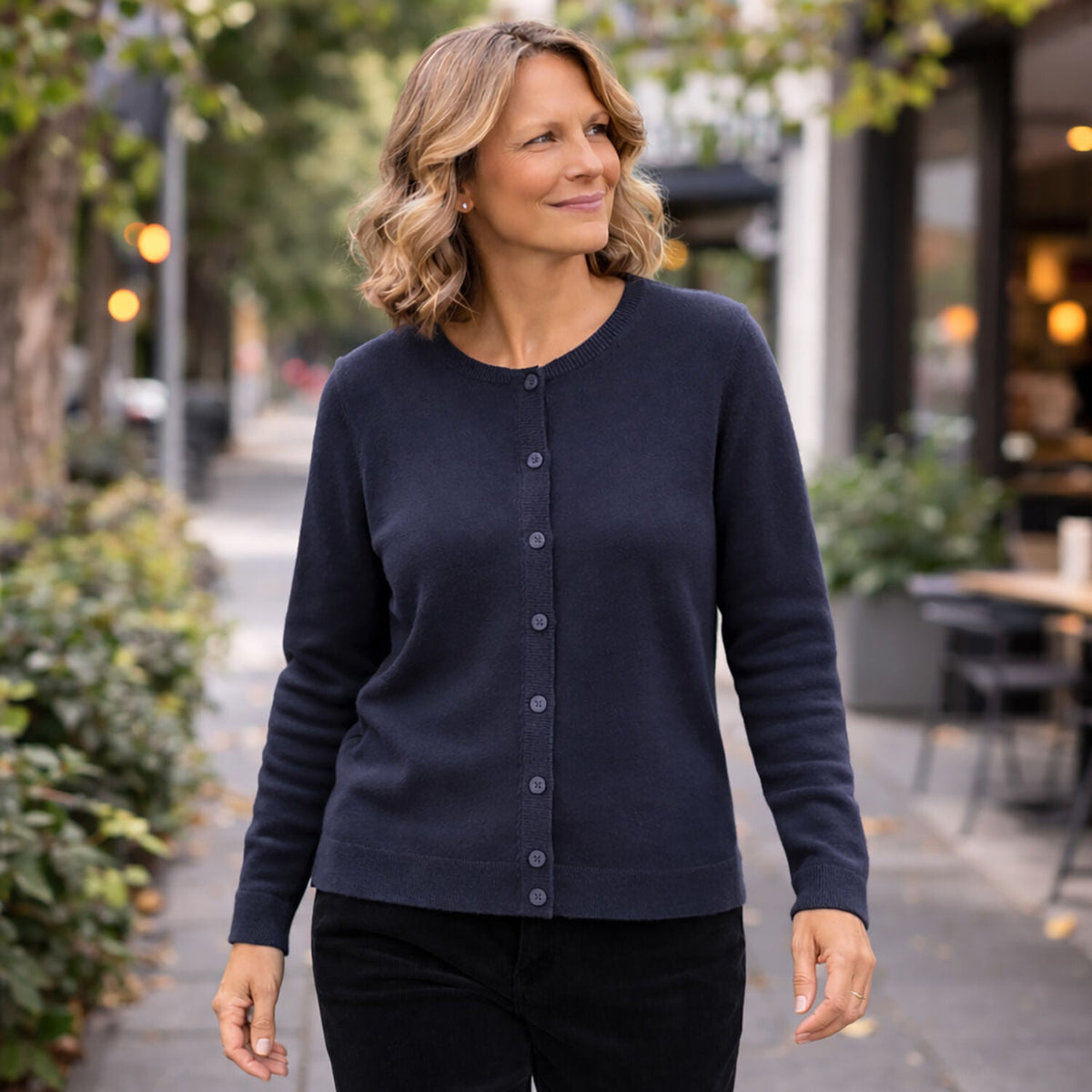Luxury Cashmere Wool Fine Knit Button Cardigan (Regular Length) in Navy