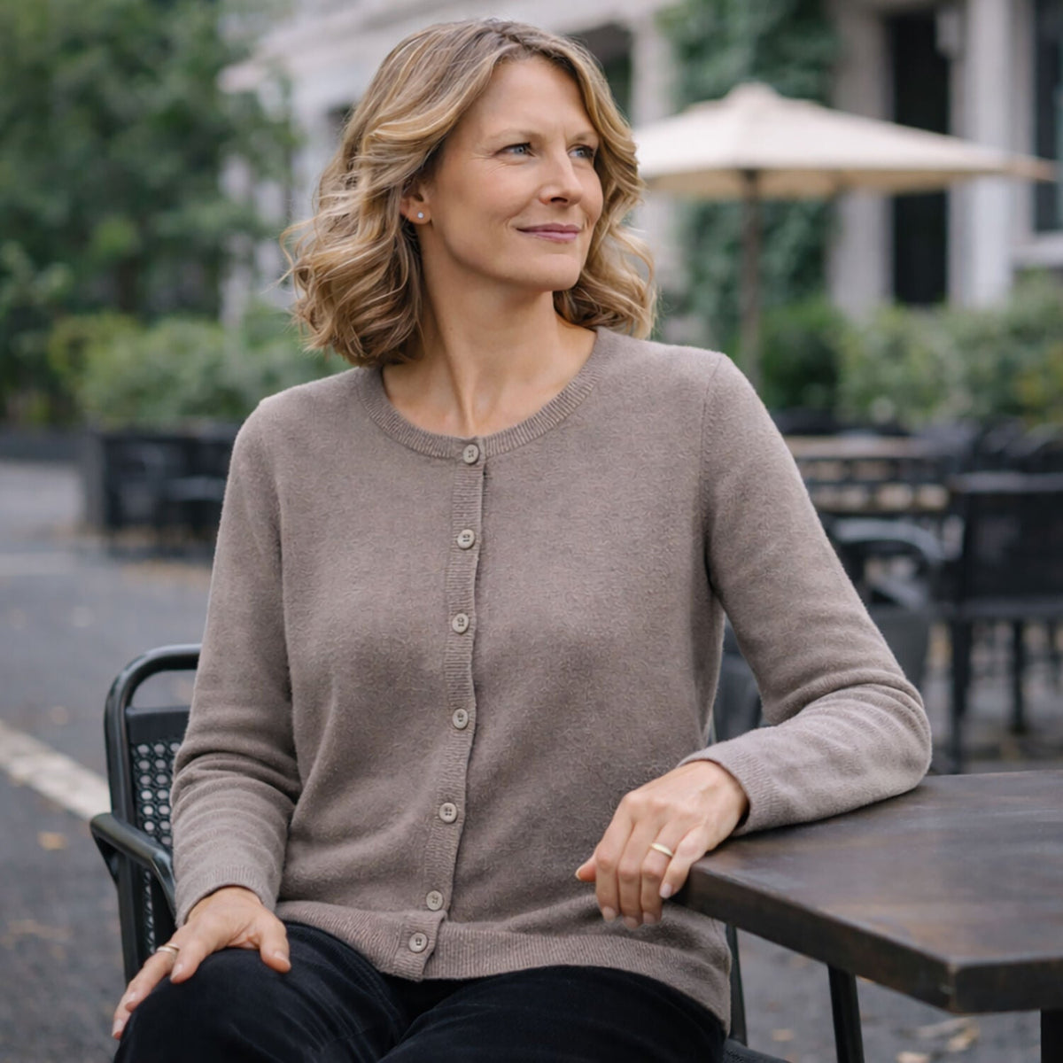 Luxury Cashmere Wool Fine Knit Button Cardigan (Regular Length) in Taupe
