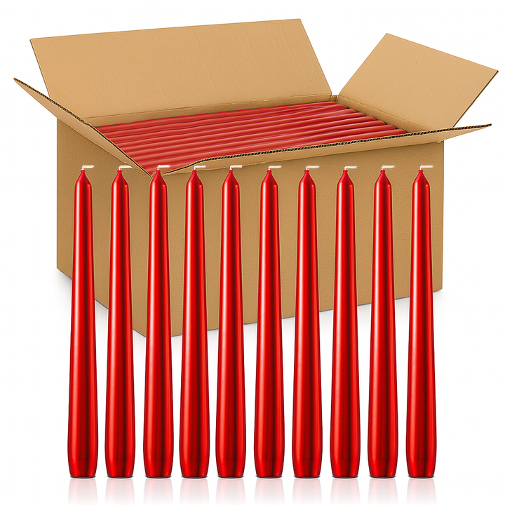 144x Tapered Dinner Candles Unscented Taper Wedding Candle 25cm in Metallic Red